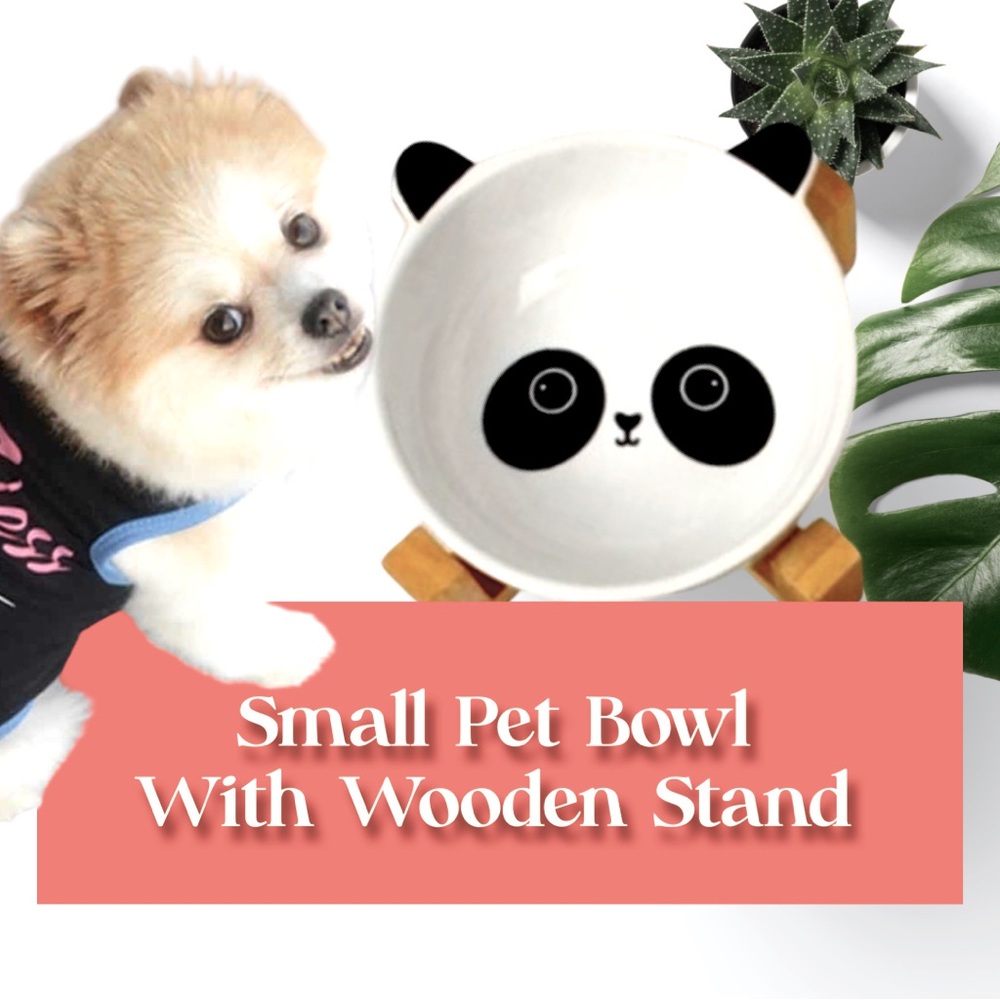 NWT, Ceramic Small Panda Pet Bowl w/Wooden Stand: For food or water